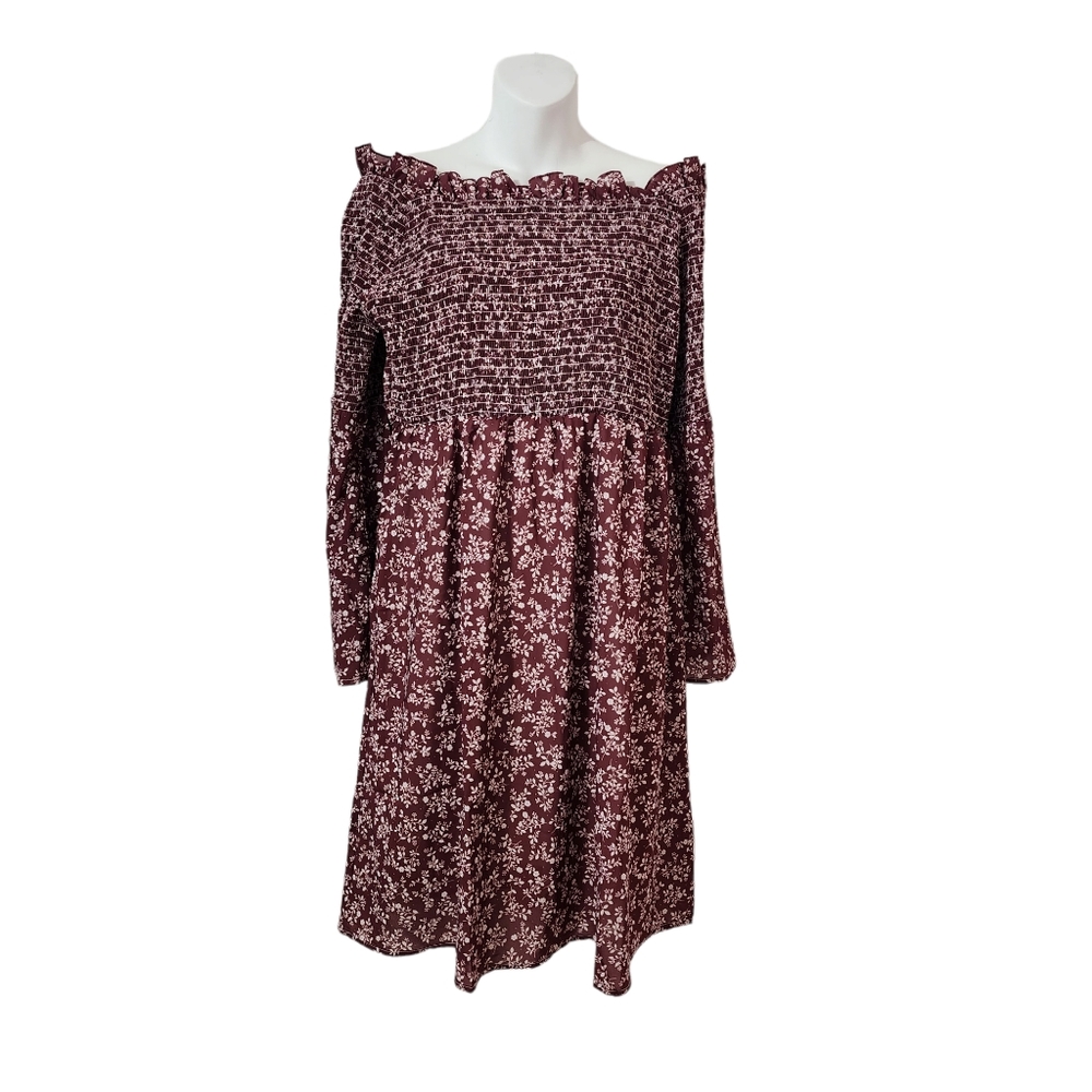 Women floral shoulder flare sleeve smock burgundy extensible dress size XL
